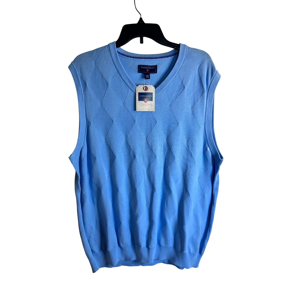Saddlebred Sweater Vest Large Blue Sky Argyle V-Neck Cotton Mens